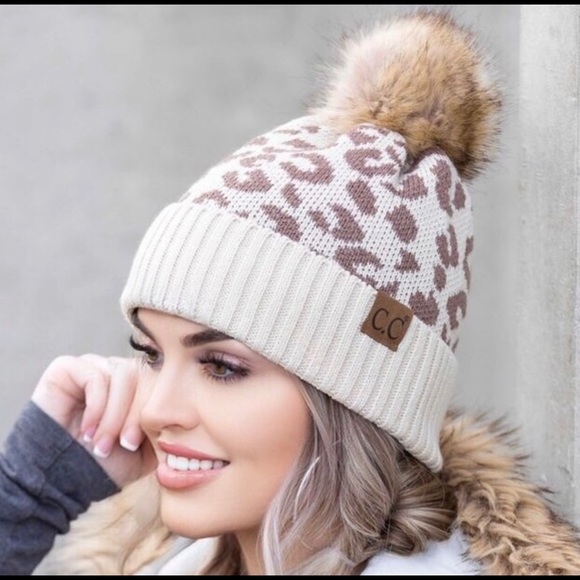 New! C.C Beanie Hat Leopard Print Knit Faux Fur Pom Warm Winter Hat - Picture 3 of 7